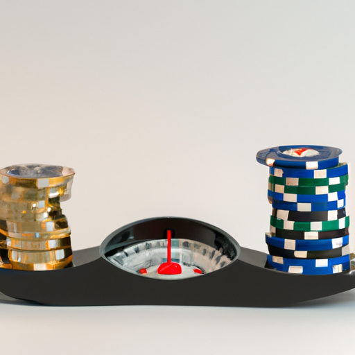 סולם איזון עם מטבעות בצד אחד ושבבי קזינו בצד השני, המסמל את היתרונות והחסרונות של הימורים מקוונים