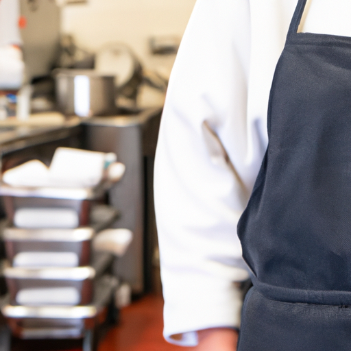 שף עונד סינר לבן במטבח מוסדי עמוס, מדגיש את חשיבות הסינרים לניקיון ובטיחות