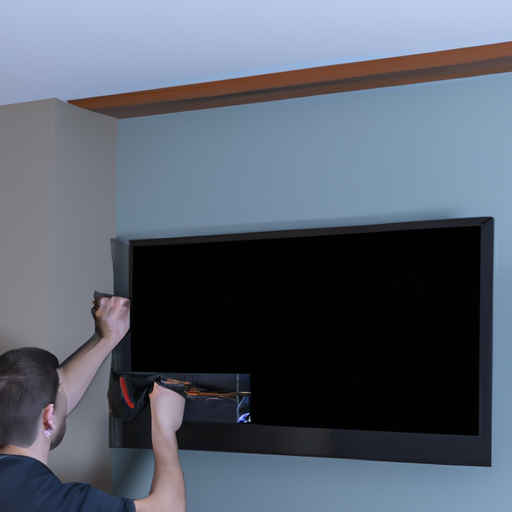 מתקין טלוויזיה מקצועי העובד על הרכבת טלוויזיה בעלת מסך שטוח על הקיר.