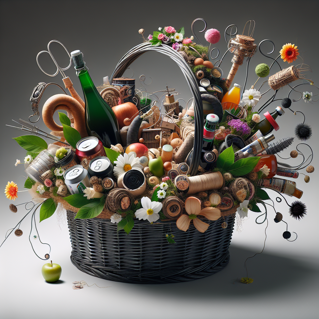 צילום של משלוח מנות מעוצב באופן אמנותי, עם פרחים ומרכיבים לא שגרתיים.